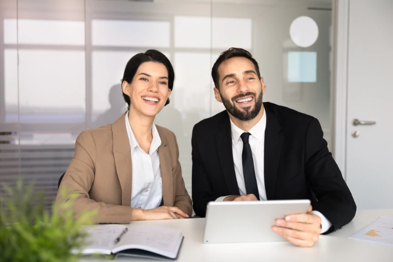 Business professionals working together in a modern office.